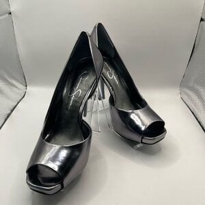 Jessica Simpson Metallic Gun Metal Grey Peep-Toe Heels